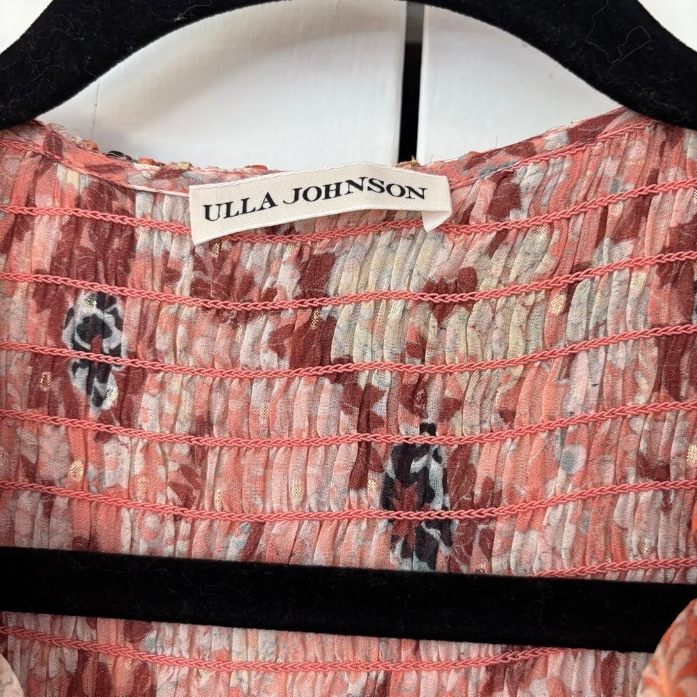 Ulla‎ Johnson Tamara Dress Silk Mini Metallic Floral Print Coral Size 2 Tiered